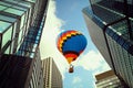 Balloon flying over modern tower building in Hong Kong city down