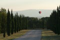 Balloon flying over the ProvenÃÂ§al cypres near Lacoste in the Va