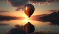 Beautiful flying baloon into sunset over water. Generative AI Royalty Free Stock Photo