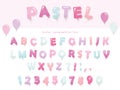 Balloon font design in pastel colors. Cute ABC letters and numbers. For birthday, baby shower celebration. Royalty Free Stock Photo