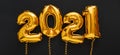 2021 balloon gold text on black background. Happy New year eve invitation with Christmas gold foil balloons 2021. Long web banner Royalty Free Stock Photo