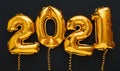 2021 balloon gold text on black background. Happy New year eve invitation with Christmas gold foil balloons 2021. Long web banner Royalty Free Stock Photo