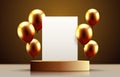 balloon golden podium present, celebrate happy birthday, gold platform banner. Vector