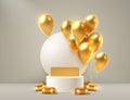 balloon golden podium present, celebrate happy birthday, gold platform banner. Vector