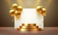 balloon golden podium present, celebrate happy birthday, gold platform banner. Vector