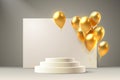 balloon golden podium present, celebrate happy birthday, gold platform banner. Vector