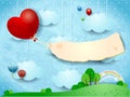 Balloon heart shaped and paper banner flying over the countryside