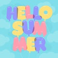 Balloon Lettering, colorful Hello Summer text. Rounded, semi-transparent, bubble letters on a blue sky backgroung Royalty Free Stock Photo