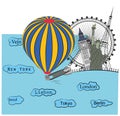 The balloon opens the zipper, the sights of different cities are opened. concept of travel. vector illustration.