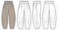 Balloon Pants fashion flat technical drawing template. Harem Pants technical fashion illustration, elastic waistband, oversize