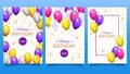 Balloon poster for birthday party. Colorful helium balloons with falling golden glitter confetti and ribbons Royalty Free Stock Photo