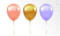 Balloon set isolated on transparent background. Realistic gold, pink, purple colorful festive 3d helium balloons template for Royalty Free Stock Photo