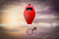 Balloon-shaped whistle carries a male symbol demonstrating Reporting sexual assault and workplace harassment concept. 3D.