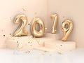 3d rendering 2019 balloon text/number gold geometric corner wall scene