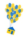 Balloons yellow and blue flew into the sky and lifted the house. Cute print on a white background.