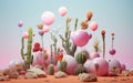Balloons and cactus thorns background. Surreal contrast, paradox concept. Royalty Free Stock Photo