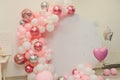 Balloons. Children party background. Holiday spirit. Circles and stars. Photo zone with paper stars, balloons, paper Royalty Free Stock Photo