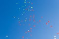 Balloons. The children released a lot of balls with ropes in the sky.Red and green balloons Royalty Free Stock Photo