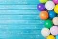 Balloons and confetti border. Birthday or party background. Festive greeting card. Royalty Free Stock Photo