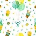 Balloons, confetti, cupcake and macaroons seamless pattern Royalty Free Stock Photo