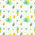Balloons, confetti, cupcake and macaroons seamless pattern. Birthday color drawing texture.