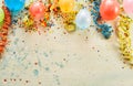 Balloons, confetti, ribbons with copy space Royalty Free Stock Photo