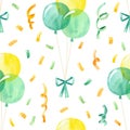 Balloons and Confetti seamless pattern. Birthday color drawing texture. Royalty Free Stock Photo