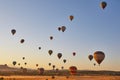 Balloons at dusk in Cappadocia. Famous flight in Goreme. Turkey