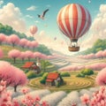 Balloons float over picturesque countryside