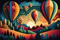 Balloons fly over the forest, fields and hills. Colorful illustration. Generative AI