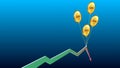 Balloons in form of golden American dollars coins hold falling chart arrow on blue background with copy space. Template for banner Royalty Free Stock Photo