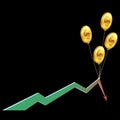 Balloons in form of golden American dollars coins hold falling chart arrow isolated on black background Royalty Free Stock Photo