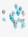 balloons group. Golden shiny falling confetti, glossy and inflatable helium balloon with ribbon for birthday party or anniversary