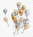 balloons group. Golden shiny falling confetti, glossy yellow and white inflatable helium balloon with gold ribbon for birthday
