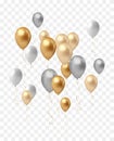 balloons group. Golden shiny falling confetti, glossy yellow and white inflatable helium balloon with gold ribbon for birthday Royalty Free Stock Photo