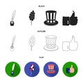 Balloons, inkwell with a pen, Uncle Sam hat. The patriot day set collection icons in black,flat,outline style vector