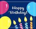 Balloons, lit candles and text Happy birthday. Festive banner, postcard vector Royalty Free Stock Photo