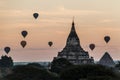 Balloons over Bagan and the skyline of its temples, Myanmar. Sulamani temple and Shwesandaw pagod Royalty Free Stock Photo