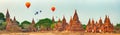 Balloons over Temples in Bagan. Myanmar. Panorama