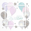 Balloons in paper cut out frame with glitter stars. Birthday and holiday card template.