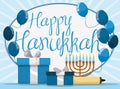 Balloons, Scroll, Chanukiah and Gifts for Hanukkah Celebration, Vector Illustration