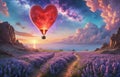 . Balloons in shape of heart flying in the sunset sky. Wedding, Valentine, love concept. Royalty Free Stock Photo