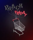 Balloons in the shape of the letters `Black Friday` is tied to a shopping cart and are floating in a black background.