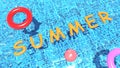 Balloons in the shape of the word SUMMER, indicating summer. Swimming pool. 3D Render.