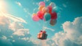 Balloons in the sky flying gift box with ribbon on a brigh sunny day with clouds