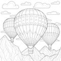 Balloons soar among the clouds and mountains.