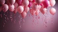 Balloons, streamers, confetti streamers wandering through the air on a pink background Royalty Free Stock Photo