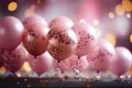 Balloons, streamers, confetti streamers wandering through the air on a pink background Royalty Free Stock Photo