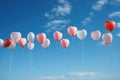 balloons strung with blank tags against a blue sky