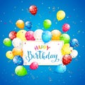 Balloons and tinsel on blue holiday background and text Happy Bi Royalty Free Stock Photo